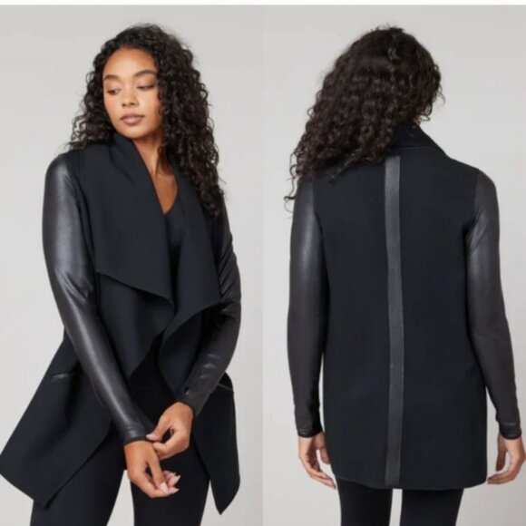 Spanx Faux Leather Drape Front Jacket Very Black Edgy Motorcycle Gothic Coat 2X - Picture 1 of 12